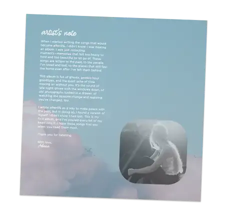 A square image with a gradient blue background featuring an artist's note in white text and a small black-and-white photograph of a person at the bottom right corner.